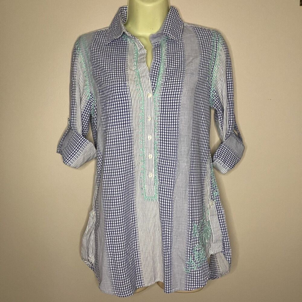 Sundance Womens Gingham Striped Embroidered Button Up Shirt Size XS Boho Artisan